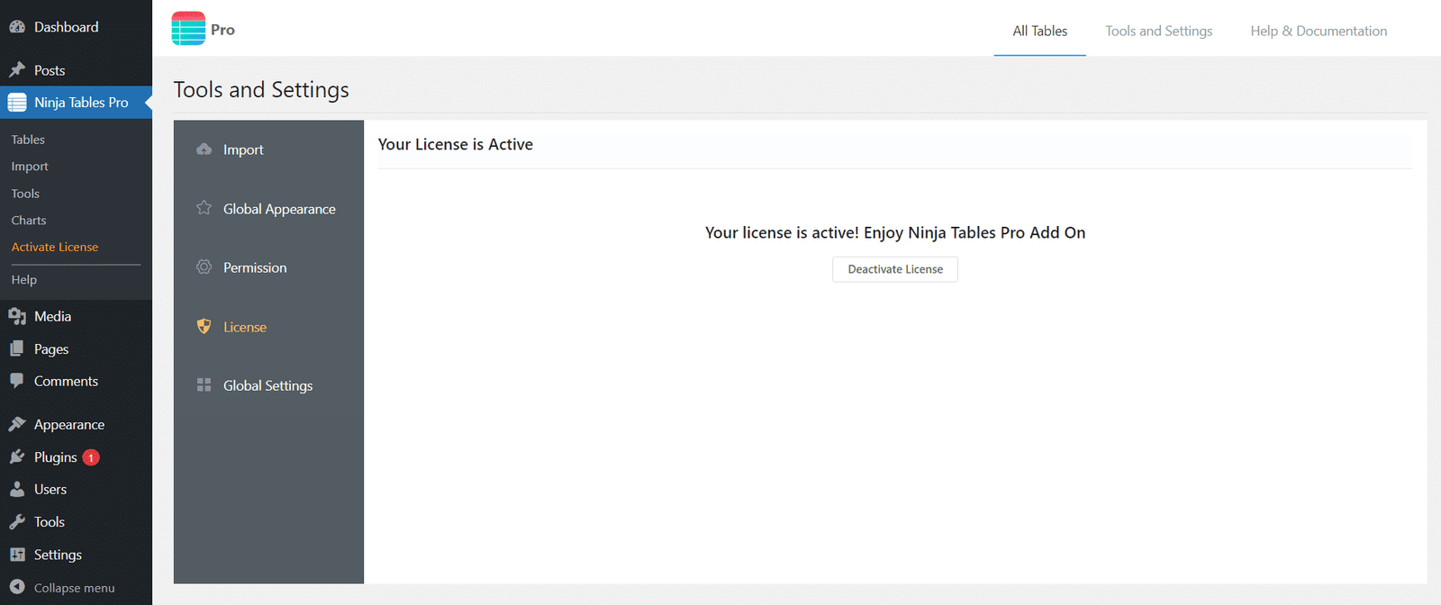 Ninja Tables Pro Plugin License Key Activate Successful